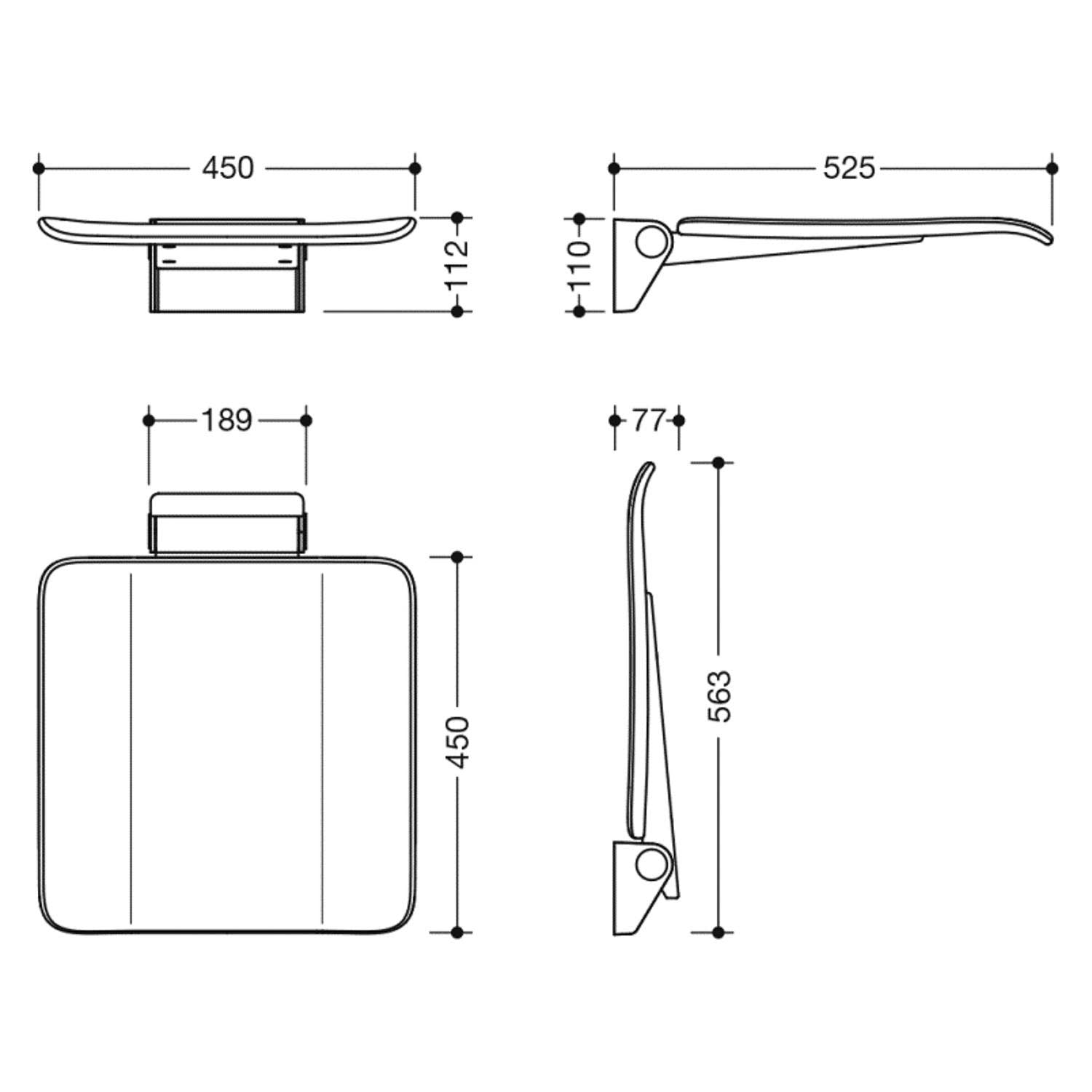 Freestyle Fixed Shower Seat with a white seat and satin steel finish bracket dimensional drawing