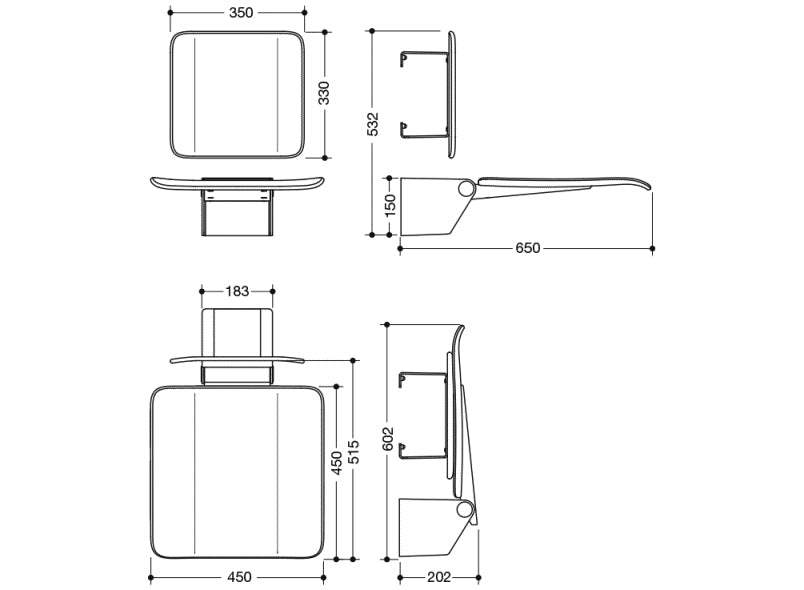 Freestyle Fixed Shower Seat with a Backrest in an white seat and white finish bracket dimensional image