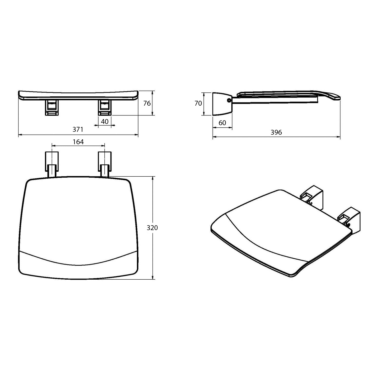 Esense Fixed Shower Seat with a white seat dimensional drawing