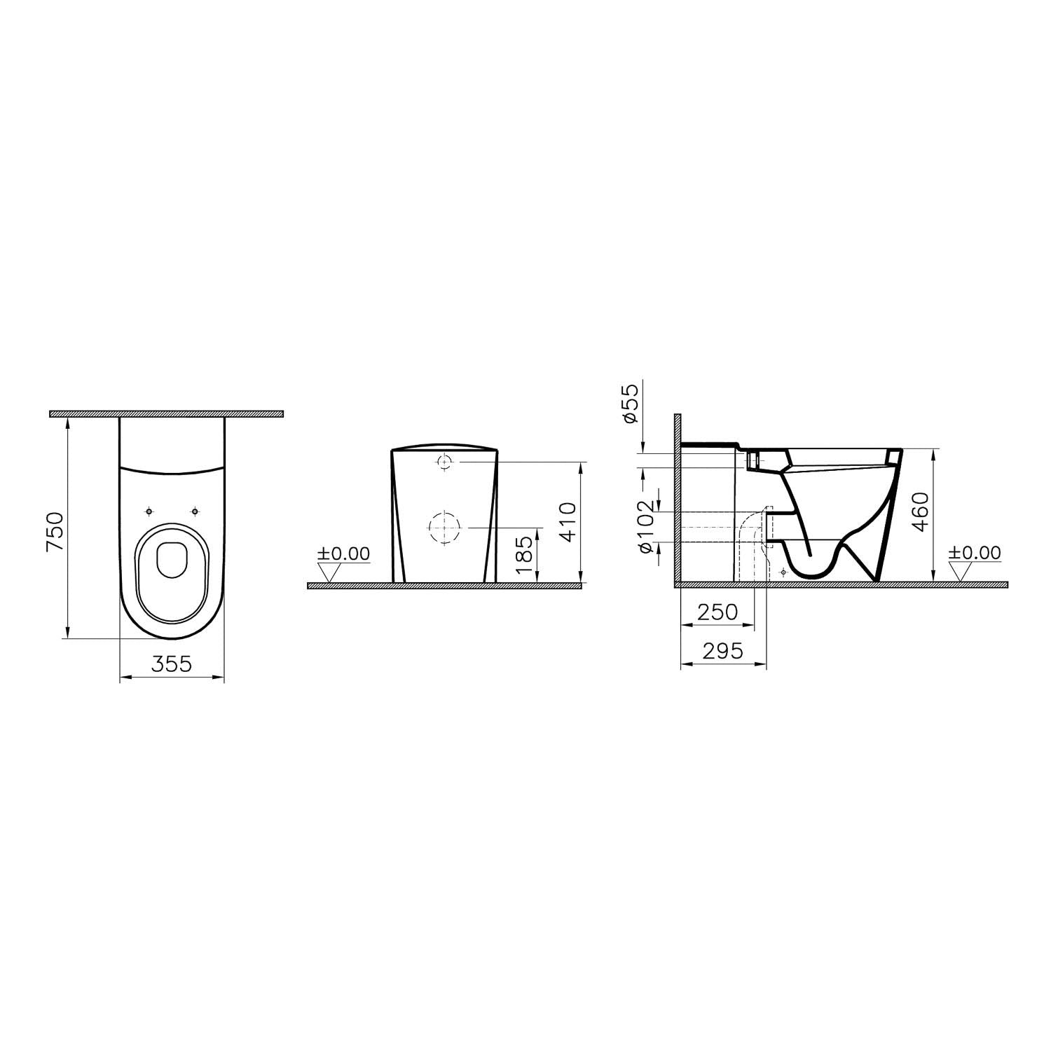 750mm Matrix Long Projection Back to Wall Toilet with a seat and cover dimensional drawing