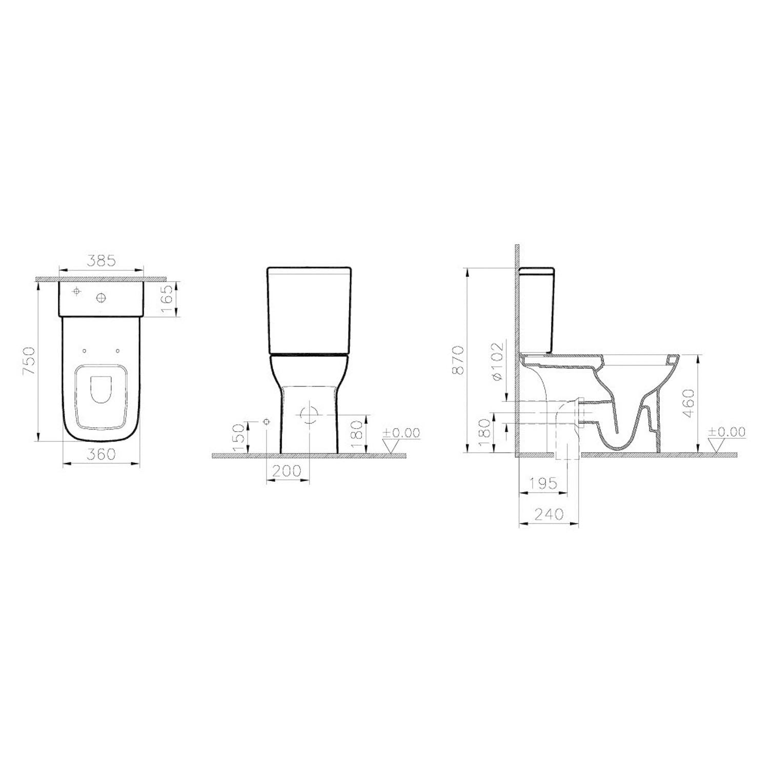 Consilio Comfort Height Close Coupled Toilet with the seat cover and cistern dimensional drawing