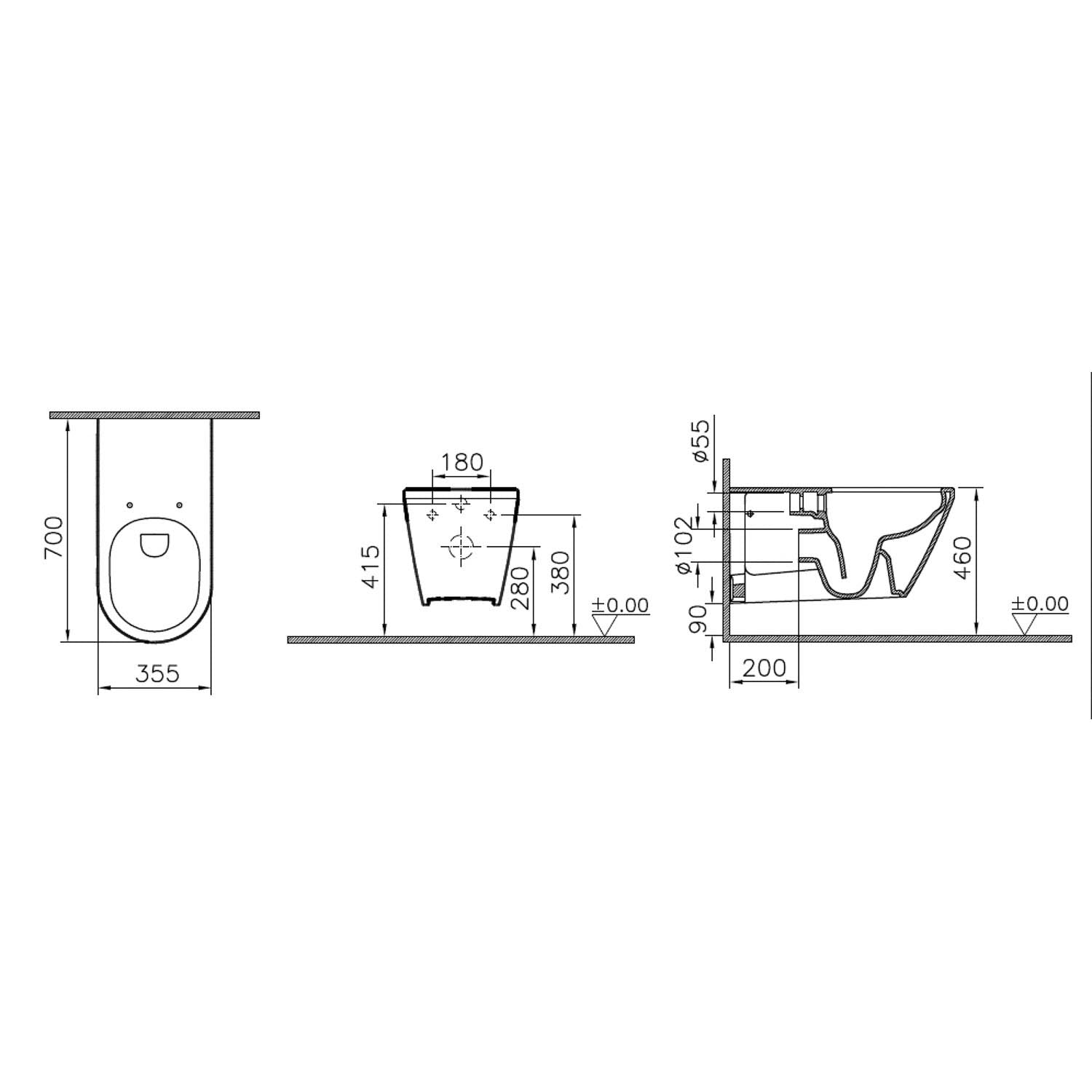 700mm Consilio Long Projection Wall Hung Toilet with a seat and cover dimensional drawing