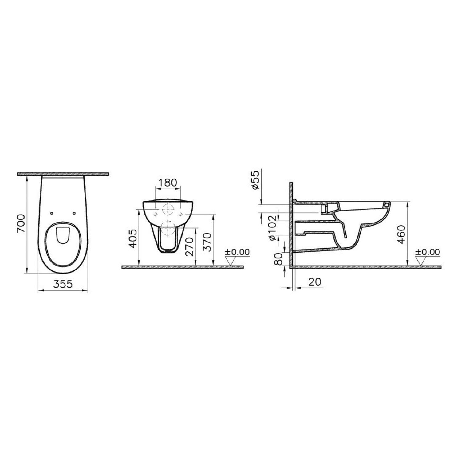700mm Consilio Long Projection Wall Hung Toilet with a seat and cover dimensional drawing