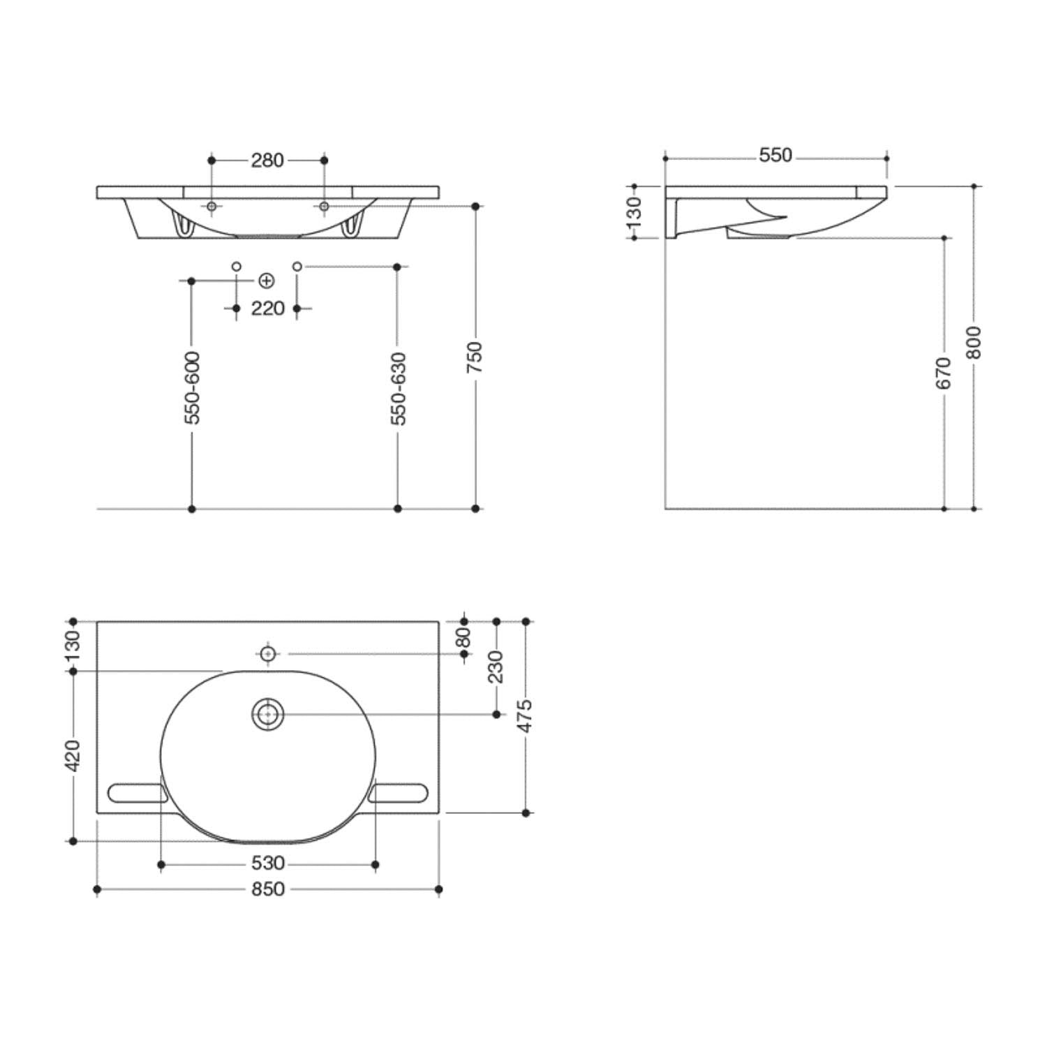 850mm SurfaceHold Wall Hung Large Oval Basin with one tap hole dimensional drawing