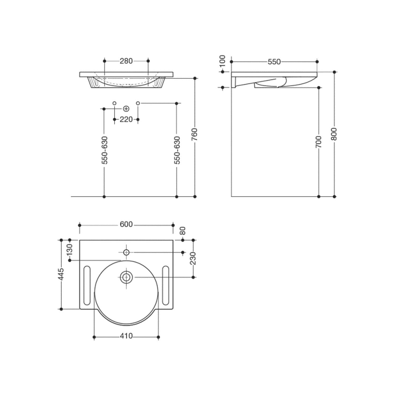 600mm SurfaceHold Wall Hung Round Basin with one tap hole dimensional drawing