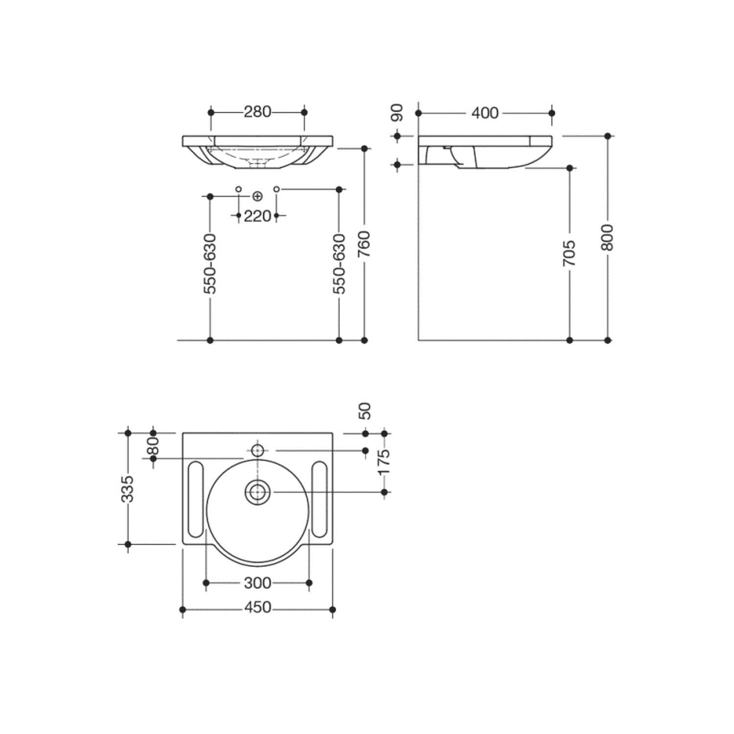 450mm SurfaceHold Wall Hung Round Basin with one tap hole dimensional drawing