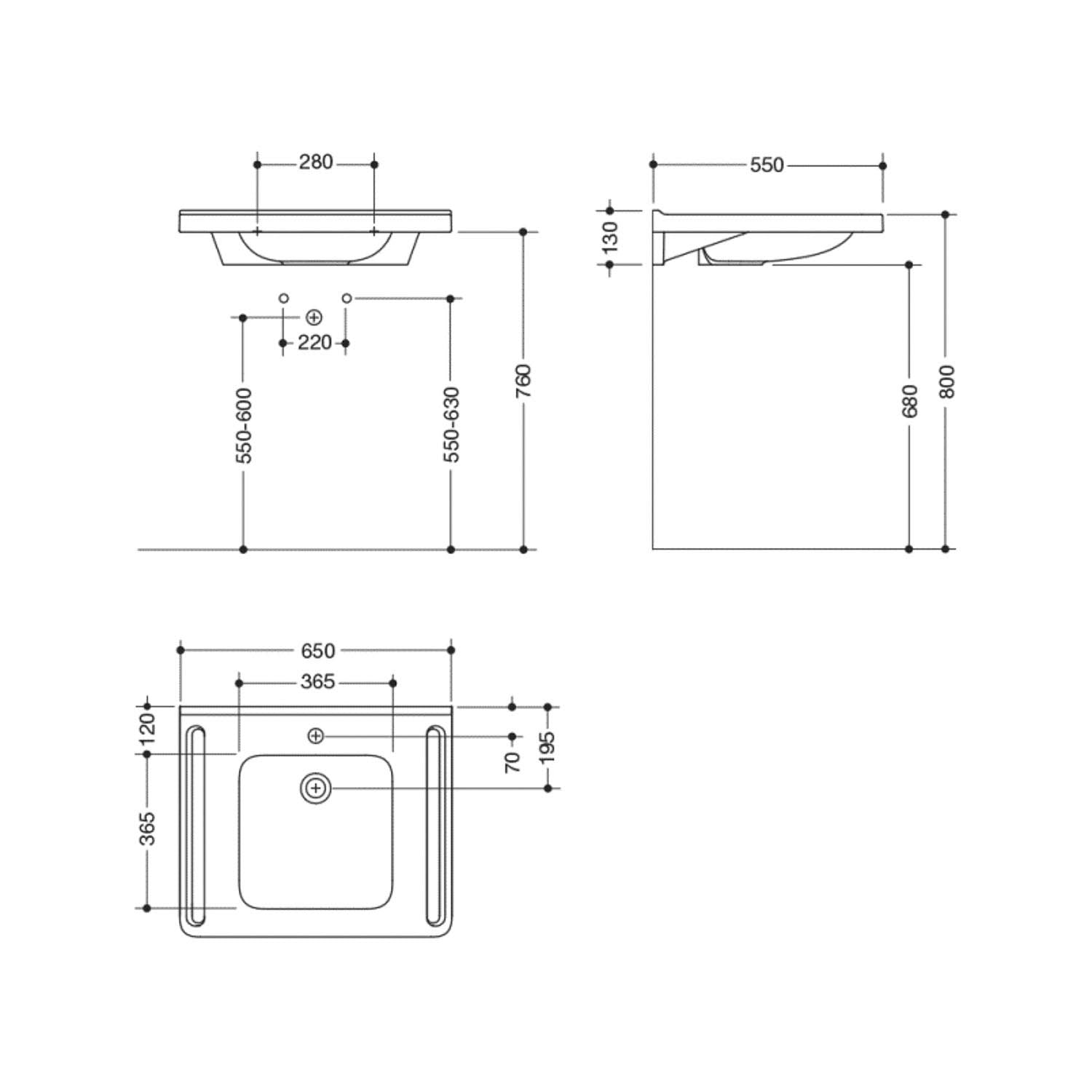 650mm SurfaceHold Wall Hung Square Basin with one tap hole dimensional drawing