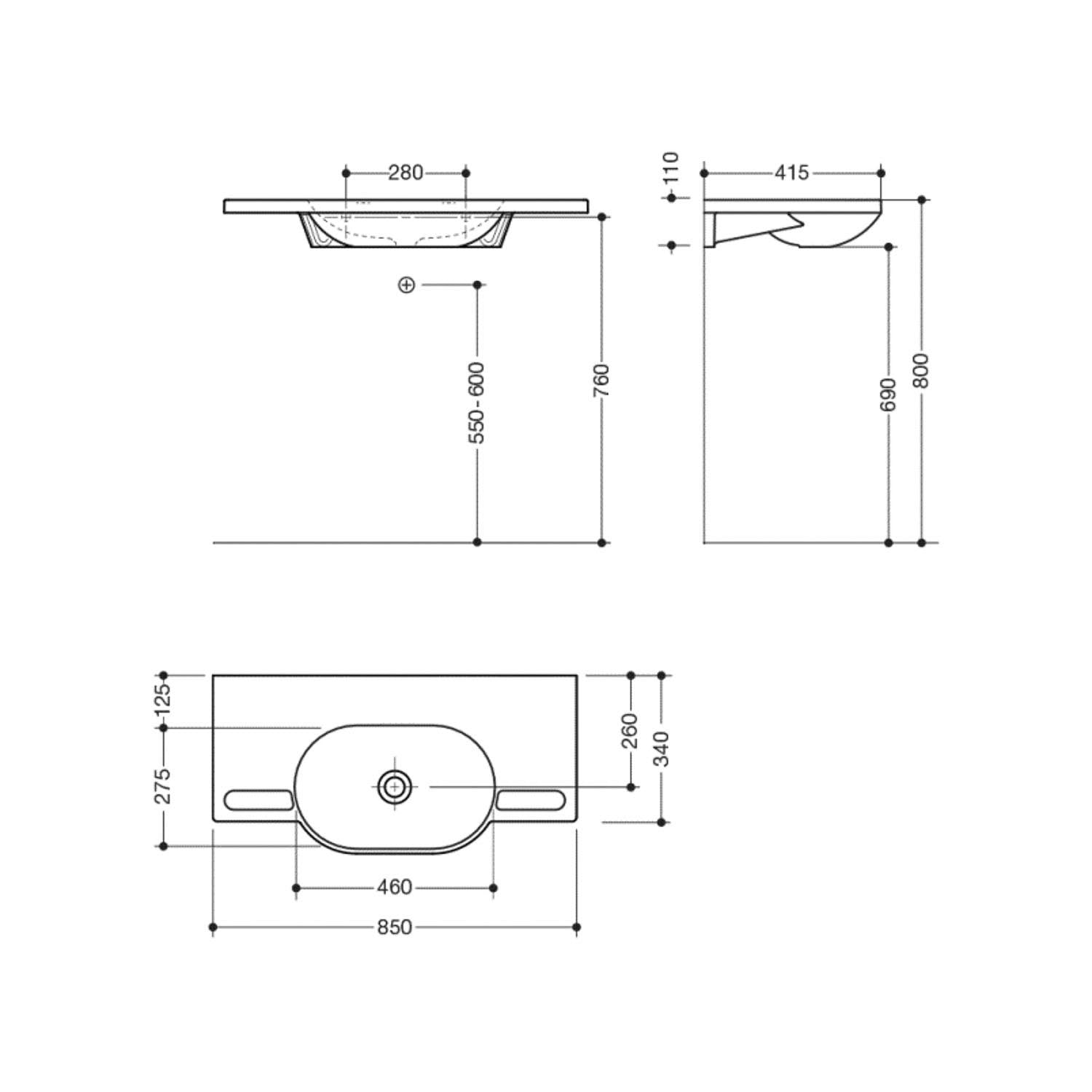 850mm SurfaceHold Wall Hung Long Oval Basin with no tap hole dimensional drawing