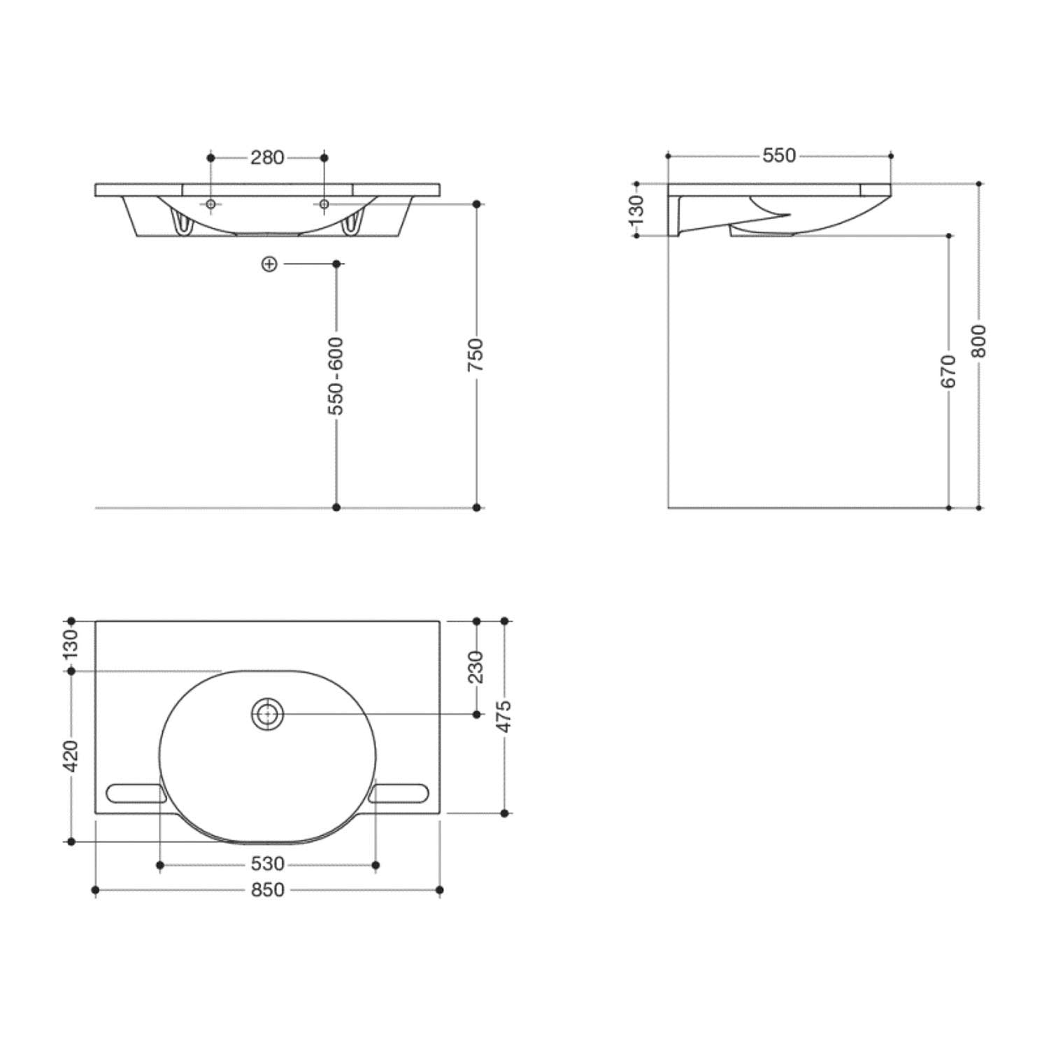 850mm SurfaceHold Wall Hung Large Oval Basin with no tap hole dimensional drawing