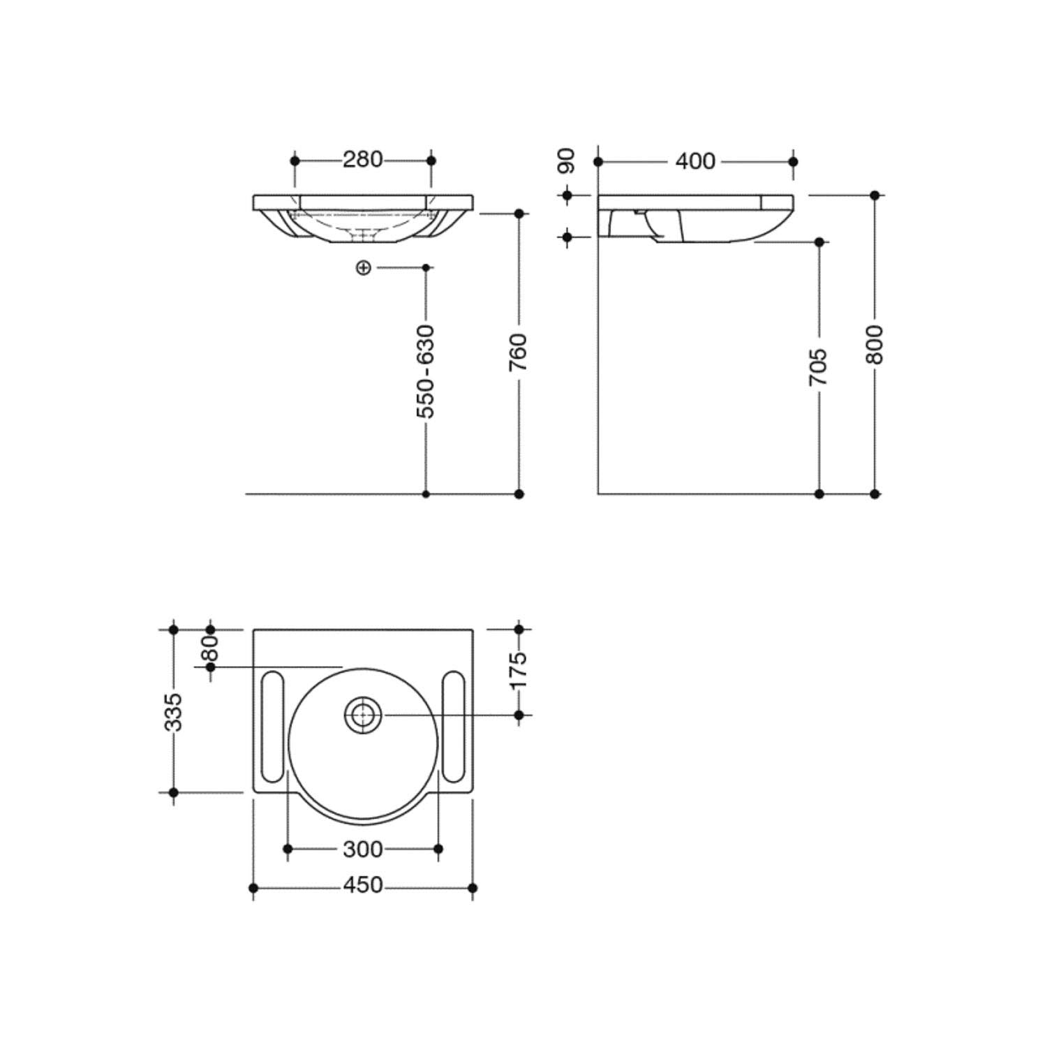 450mm SurfaceHold Wall Hung Round Basin with no tap hole dimensional drawing