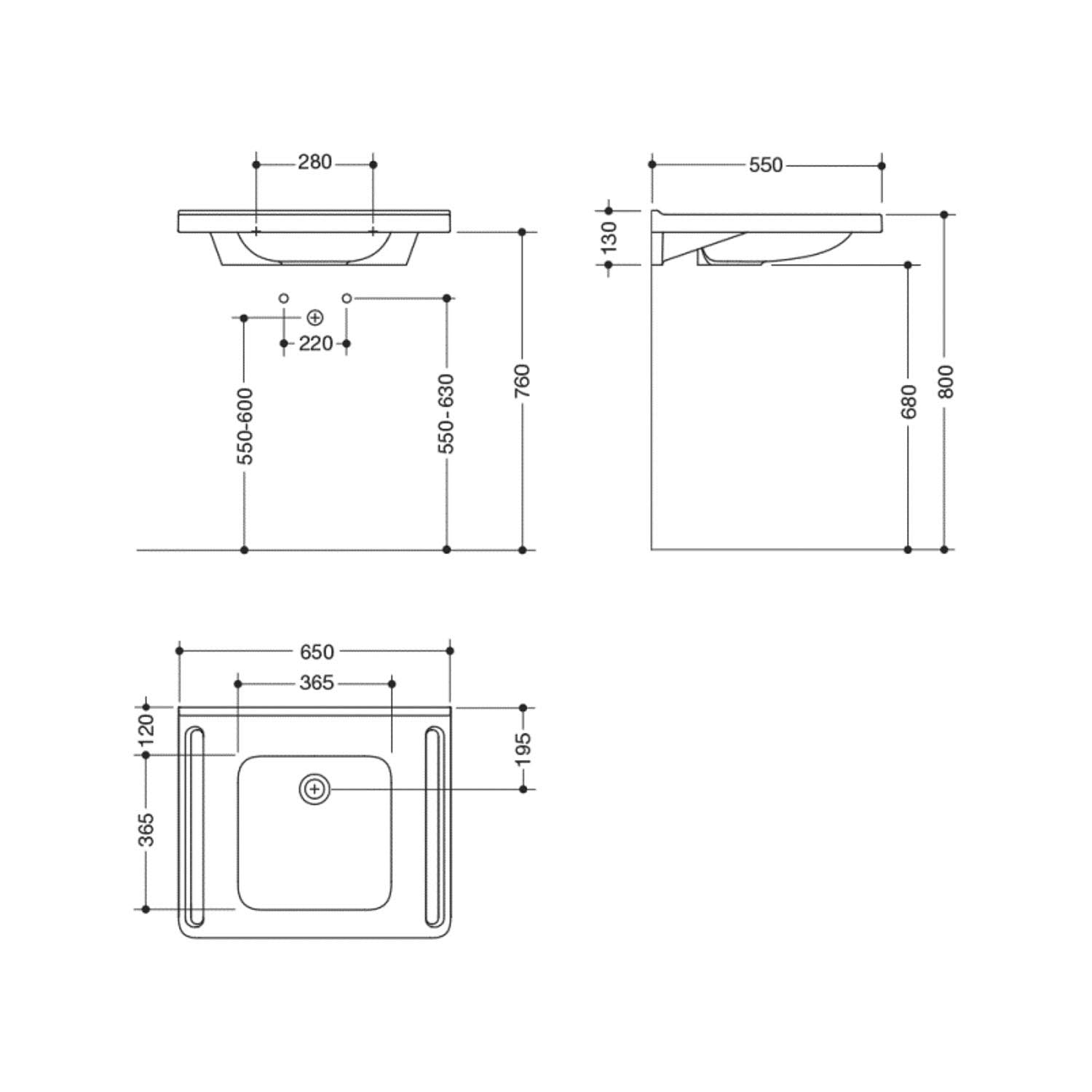 650mm SurfaceHold Wall Hung Square Basin with no tap hole dimensional drawing