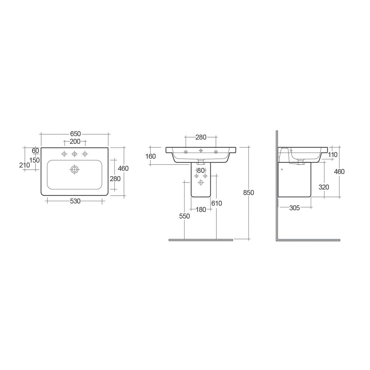 650mm Vesta Wall Hung Basin dimensional drawing