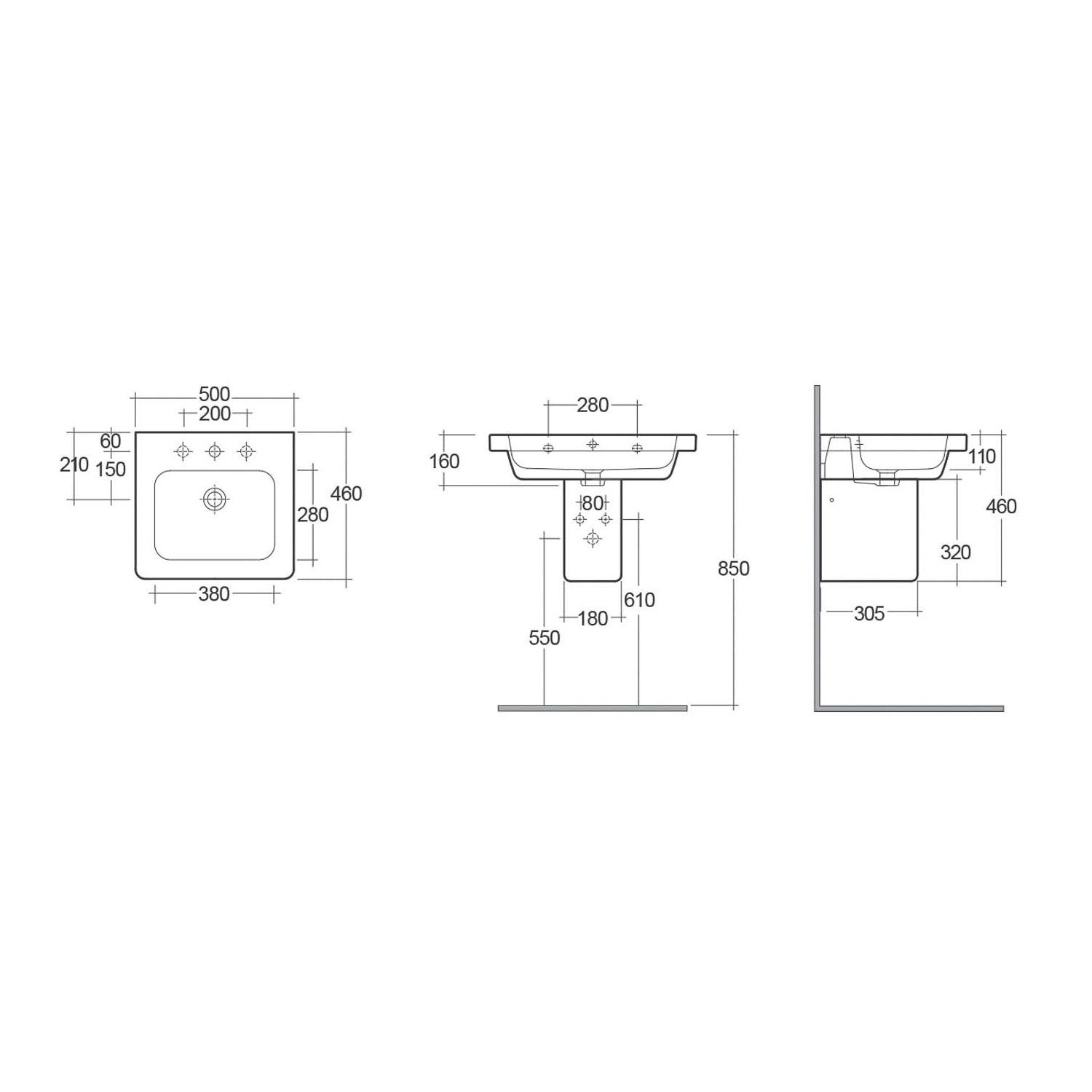 500mm Vesta Wall Hung Basin dimensional drawing