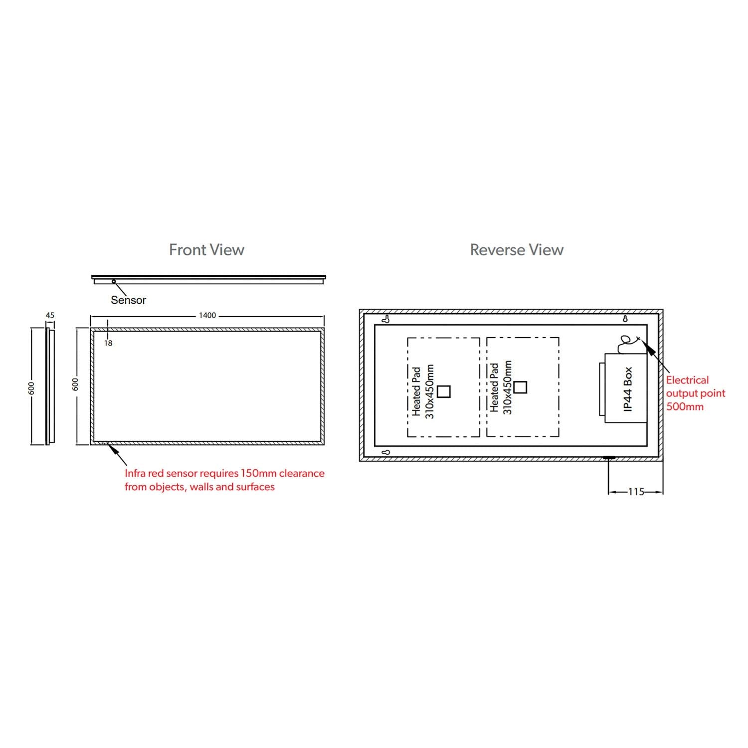 1400x600mm Front Lit LED Light Mirror dimensional drawing