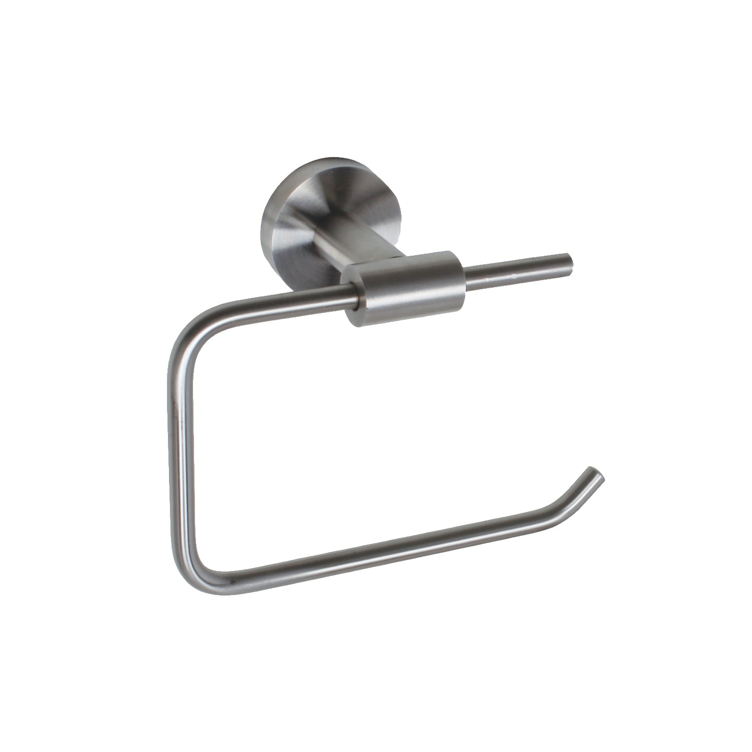 Libero Hinged Toilet Roll Holder with a satin steel finish and no cover on a white background