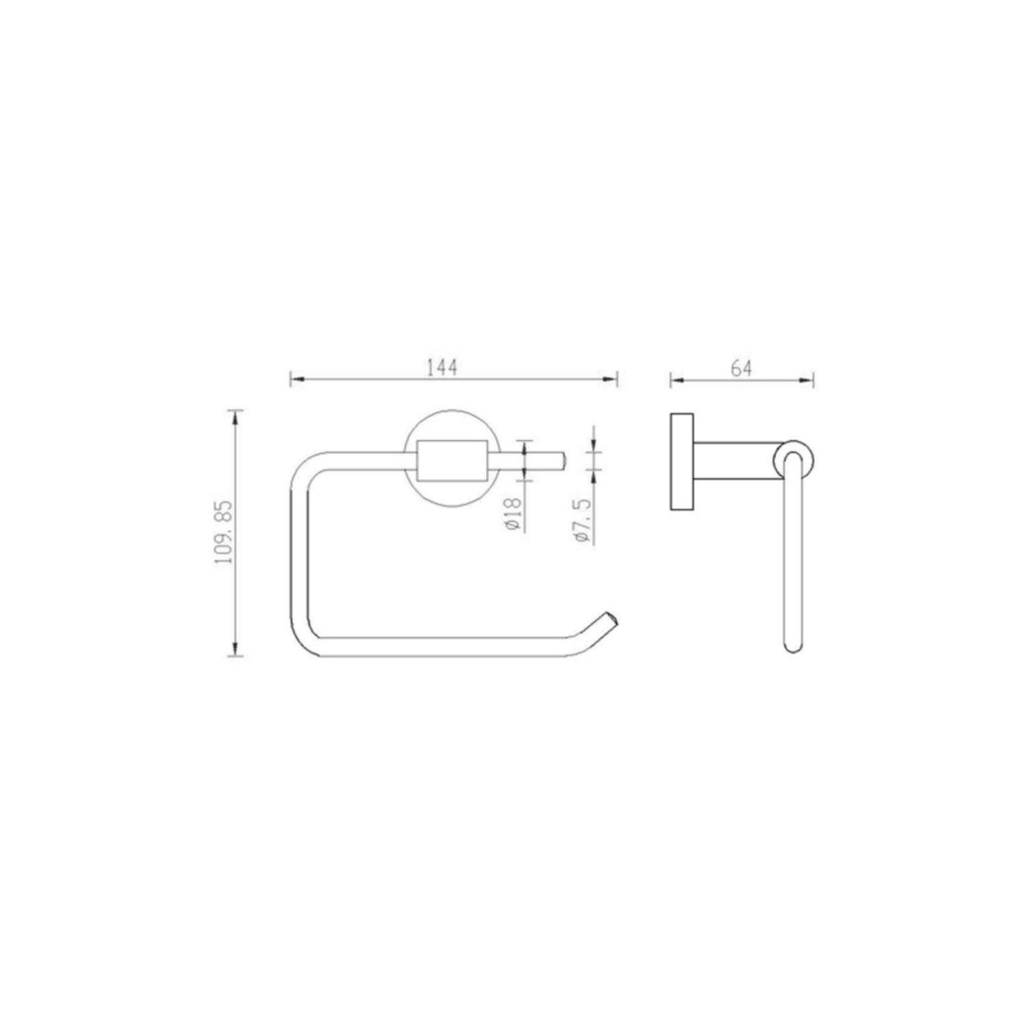 Libero Hinged Toilet Roll Holder with a satin steel finish and no cover dimensional image