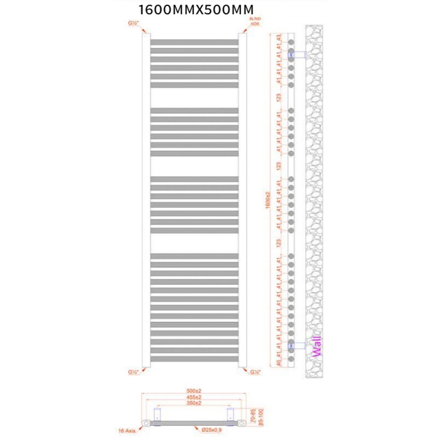 1600x500mm Modale Anti-Scald Towel Rail with a chrome finish dimensional drawing