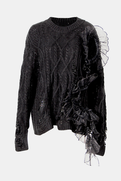 Cable Knit Ruffle Tulle Sweater