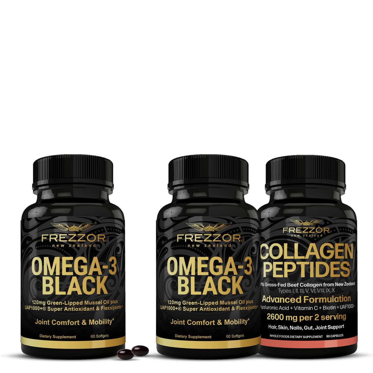 FREZZOR Omega-3 Black BOGO Plus a FREE Collagen Peptides on first order with 2 Bottle FREZZOR Omega-3 Black Monthly Autoship.