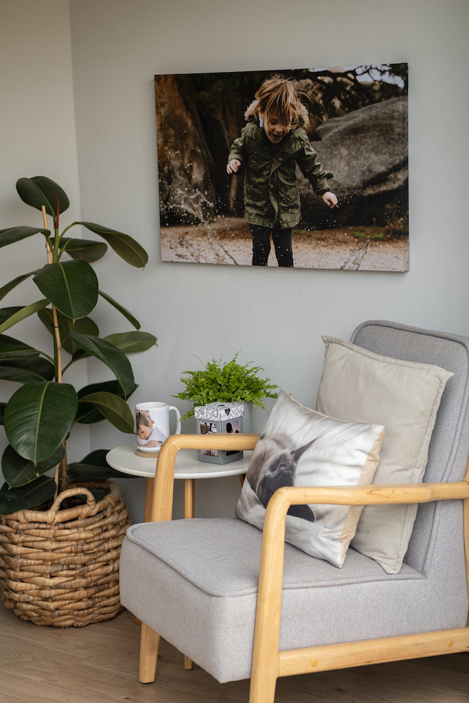 Photo canvas on wall behind sofa.