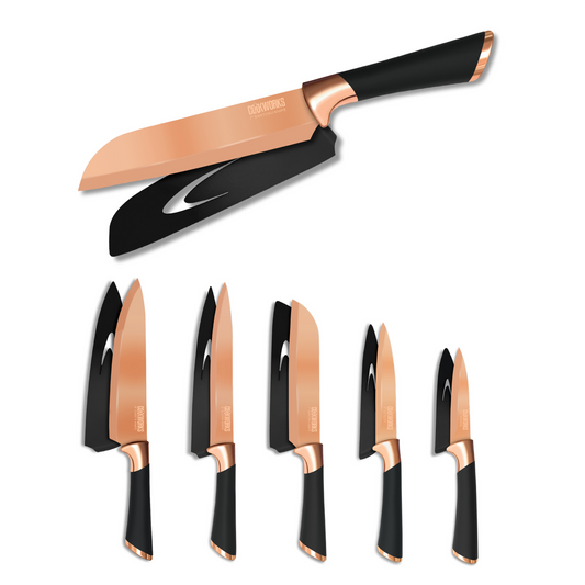 Fleischer & Wolf - This new year, gift yourself a brand new copper knife set  in a walnut wood storage block. Shop here