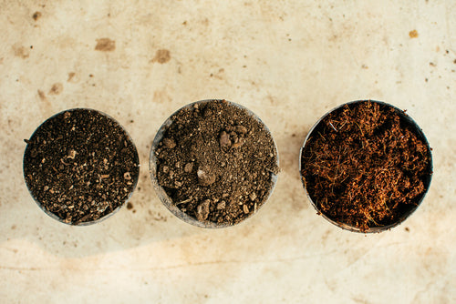 different types of soil components: soil, manure, coir