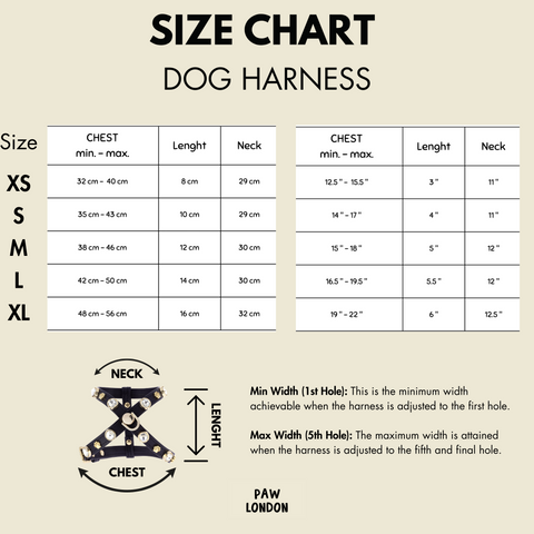 Paw London Dog Harness Size Guide