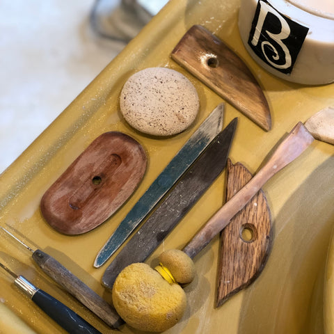 Pottery Tools Next to Pottery Wheel | Meghan Bergman Ceramics