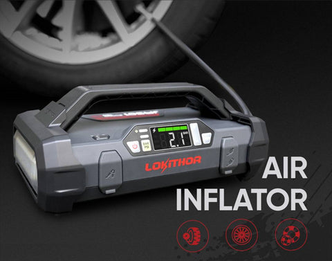 Lokithor JA301 jump starter with 150PSI air inflator poster