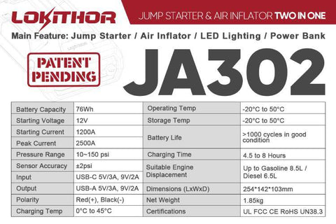 lokithor JA302 jump starter parameter list 