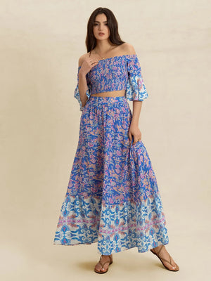 Smocked Off-Shoulder Printed Top and Skirt Set - The Southern Beau 