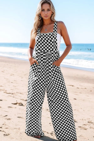 Checkered Print Pocketed Wide Leg Jumpsuit - The Southern Beau 