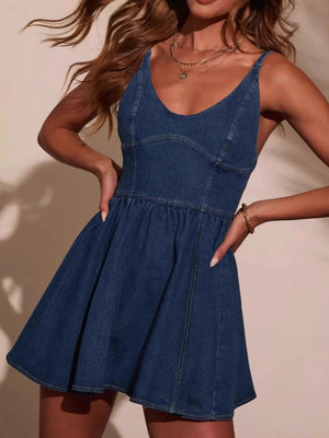 Smocked Back Adjustable Strap Denim Mini Dress - The Southern Beau 