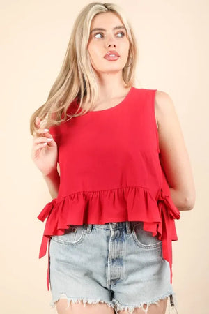 VERY J Side Tie Detail Ruffled Sleeveless Top - The Southern Beau 
