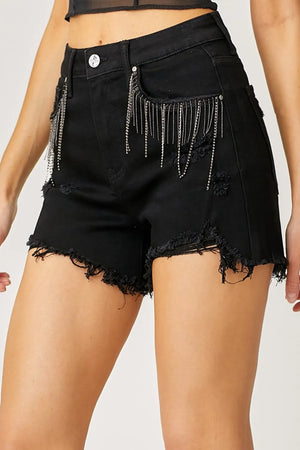 RISEN Frayed Hem Denim Shorts with Fringe Detail Pockets - The Southern Beau 