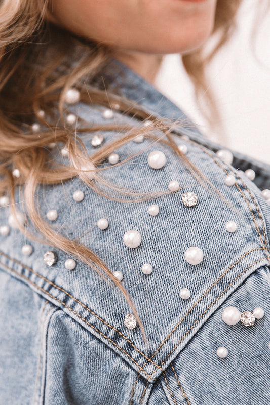 Bibi Oversized Pearl Studded Denim Jacket