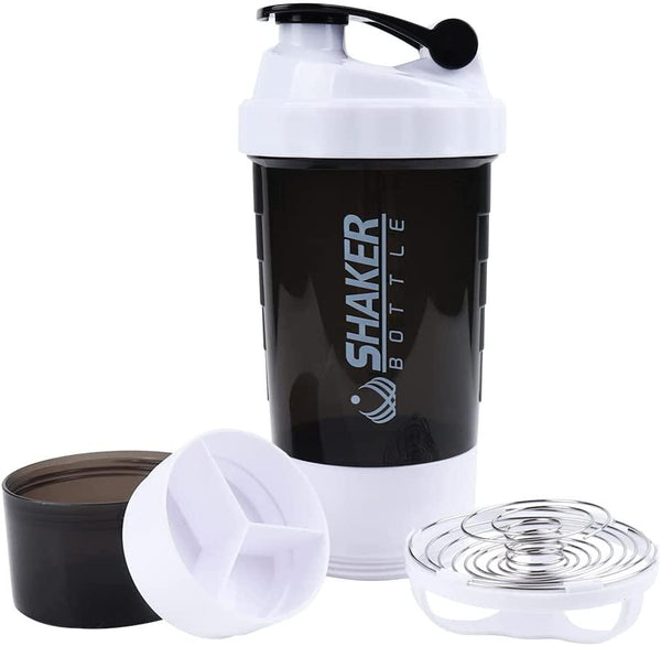 16 OZ Protein Workout Shaker Bottle with Mixer Ball and 2 close-connected  Storage Jars for Pills, Snacks, Coffee, Tea. 100% BPA-Free, Non Toxic and