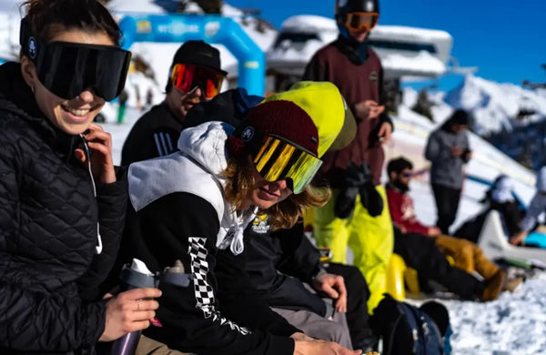 A group of snowboarder having fun wearing bakedsnow snowboard goggles