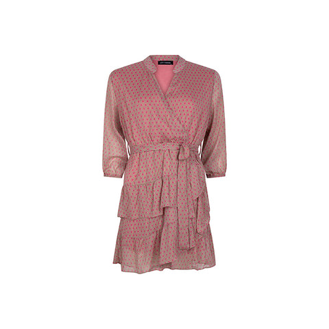 roze jurkje met print en strik in de taille dress lisa lofty manner 