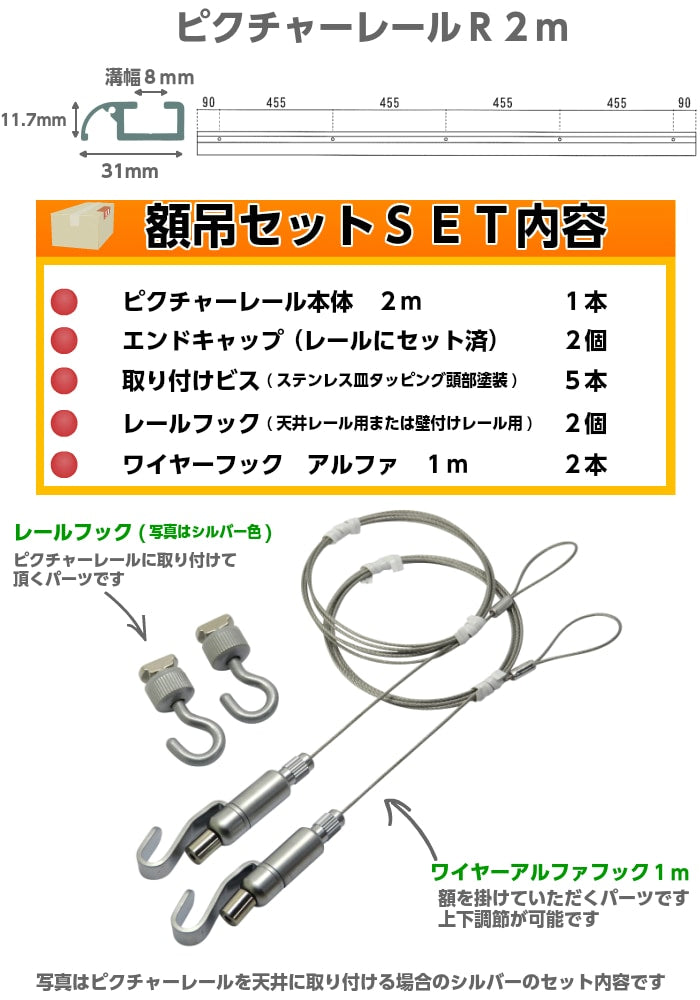 ピクチャーレールR ２ｍ 額吊セット ワイヤーアルファフック １ｍ 【額