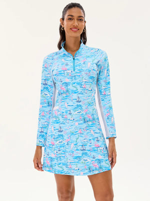 Breathable 34.5" Blue Flamingo Long-sleeve Golf Dress with Shorts - Soneven