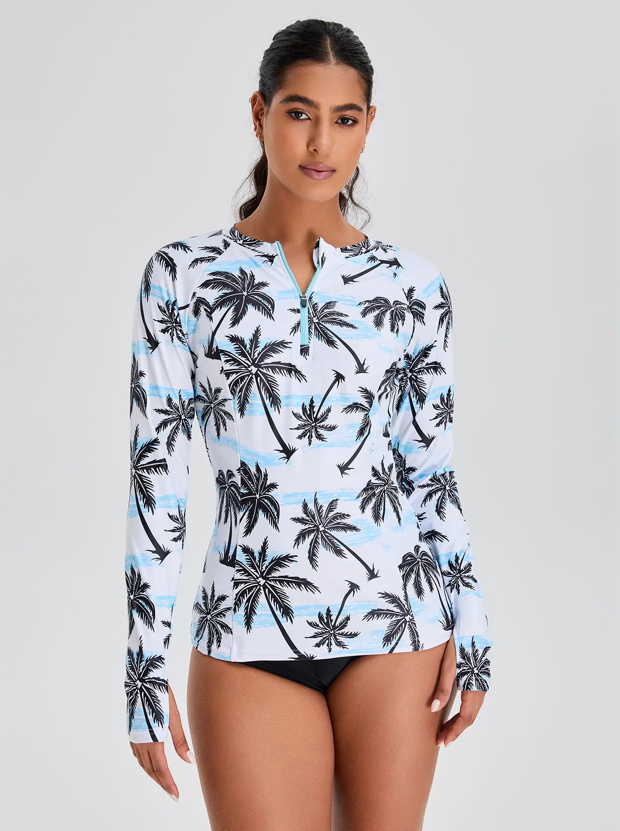 Coconut Tree Quarter-zip Long-sleeve Rash Guard for Ladies