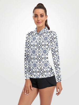 Chain Print Quarter-zip Long-sleeve Polo Shirt for Women - Soneven