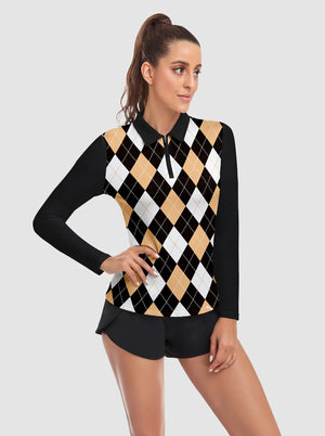 Black and Brown Checkerboard Long-sleeve Polo for Ladies - Soneven