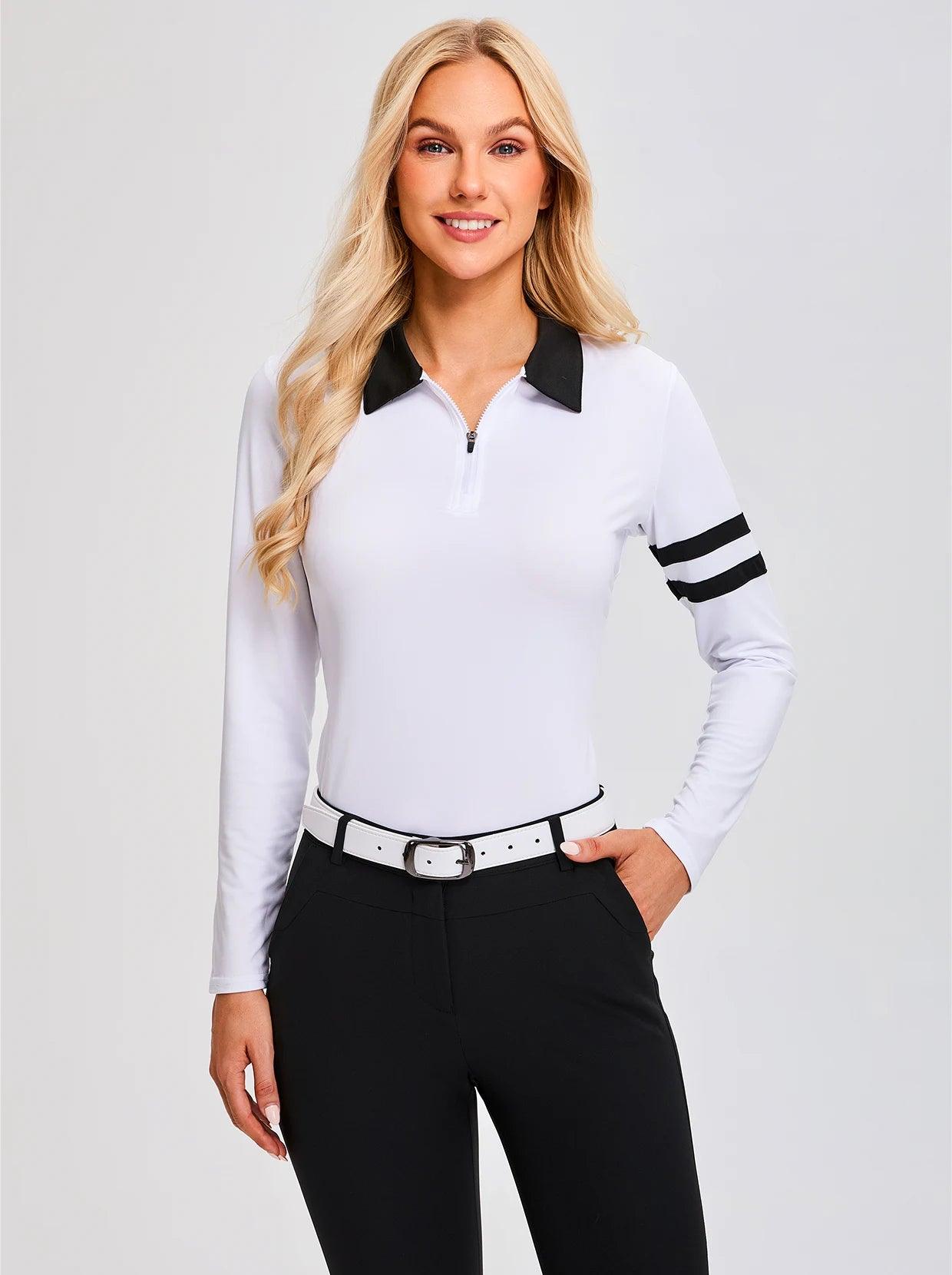 White Quarter-Zip Long-Sleeve Golf Polo Shirt for Ladies