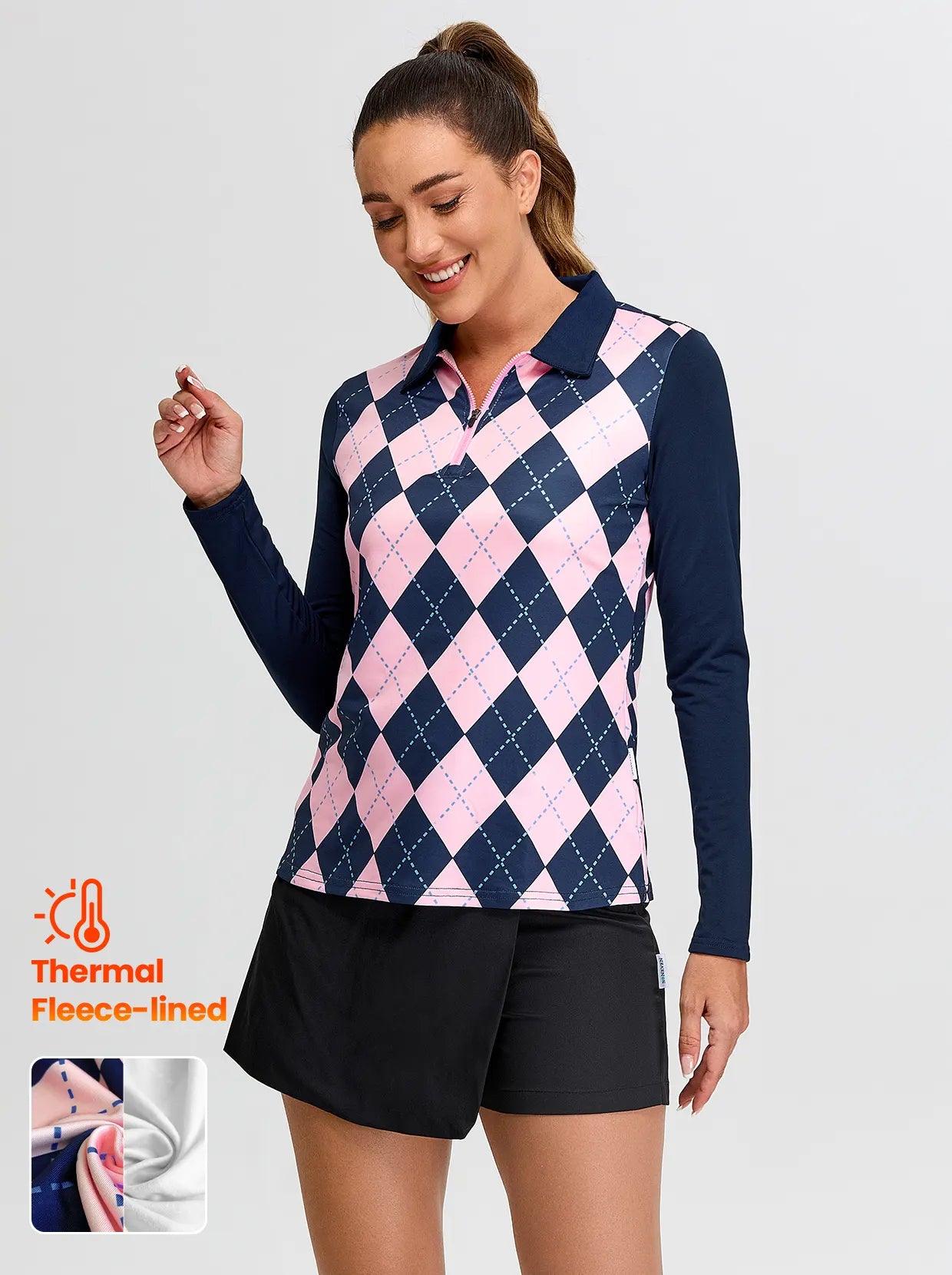 Pink and Blue Checkerboard V-Neck Long-sleeve Fleece Top for Women