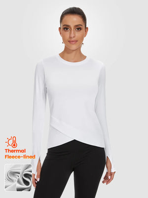 Solid White Crew-neck Crossed Hem Long-sleeve Thermal Top for Women - Soneven