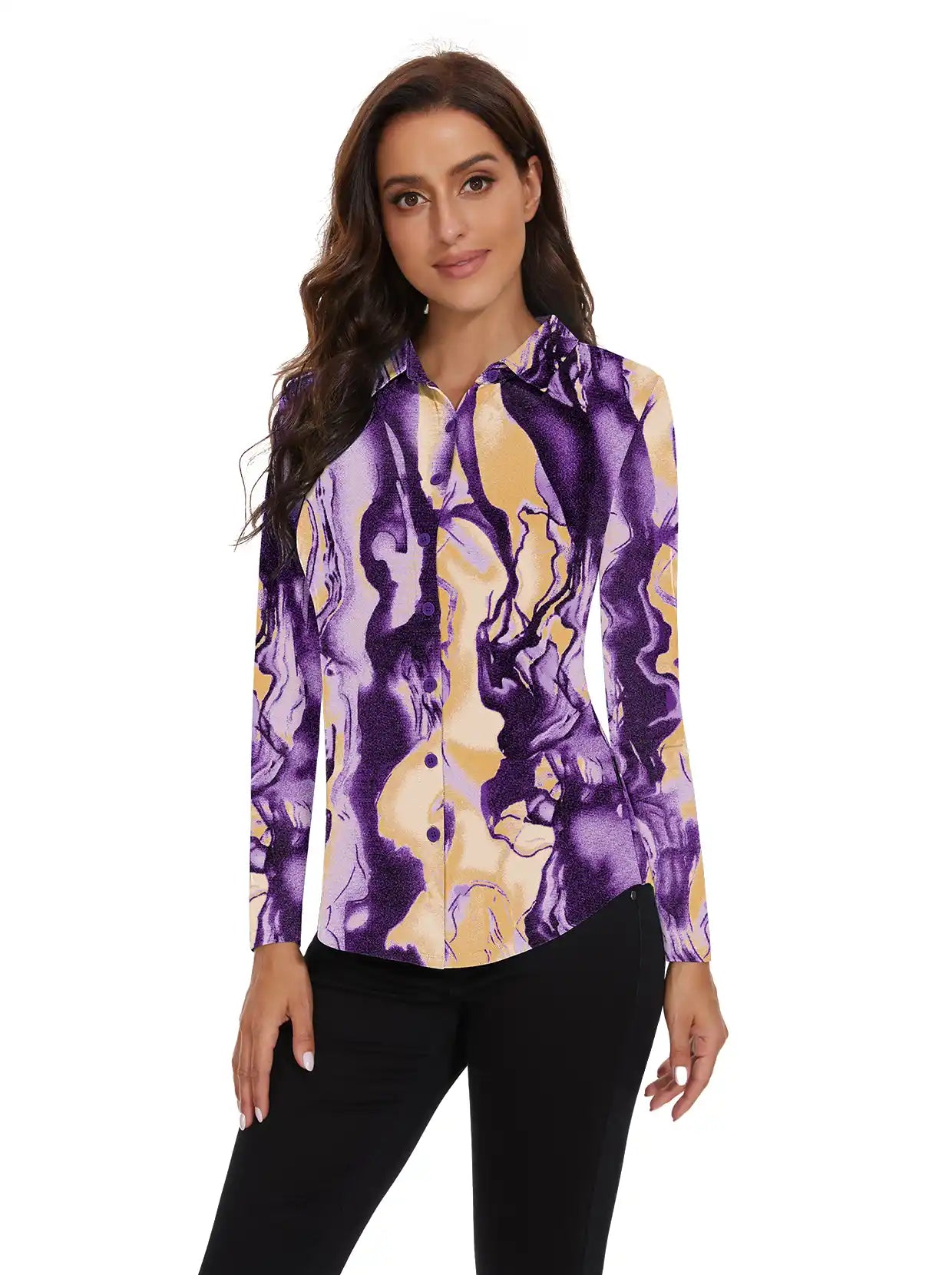 Purple Crack Button-down Long-sleeve Polo Shirt for Women