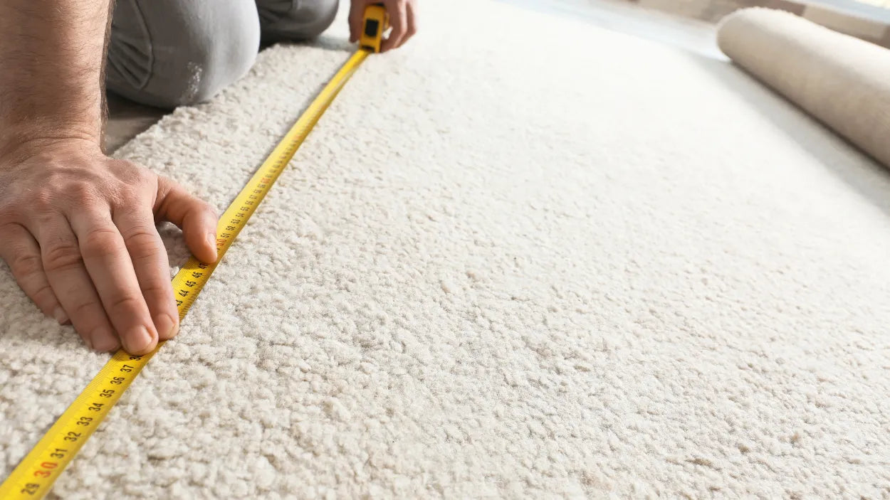Person using a measuring tape on marine carpet, demonstrating how to measure accurately around boat contours and hatches when installing boat carpet.