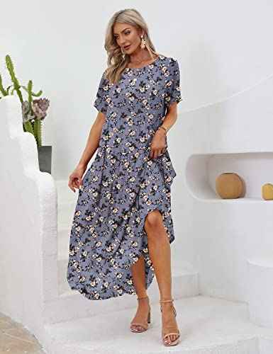 YESNO Women Casual Loose Bohemian Floral Dress with Pockets Short Slee